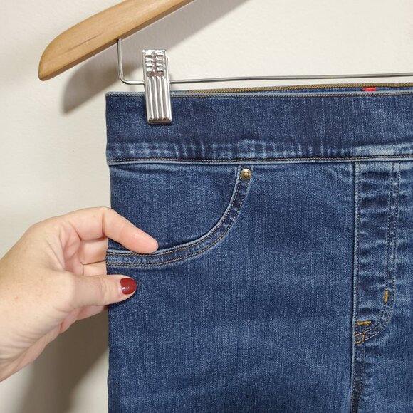 SPANX Cropped Flare Denim Jeans Stretch Raw Hem 2-Tone Blue Women's Medium X 26" - Picture 2 of 13